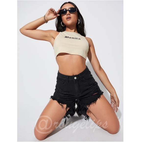 Black Denim Shorts Distressed Ripped High Waist Raw Hem - Picture 3 of 8